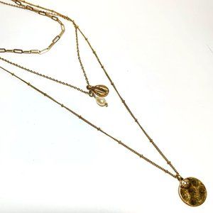 Three Strand Multi Level Gold Tone Necklace Shell Pearl Crystal  1006